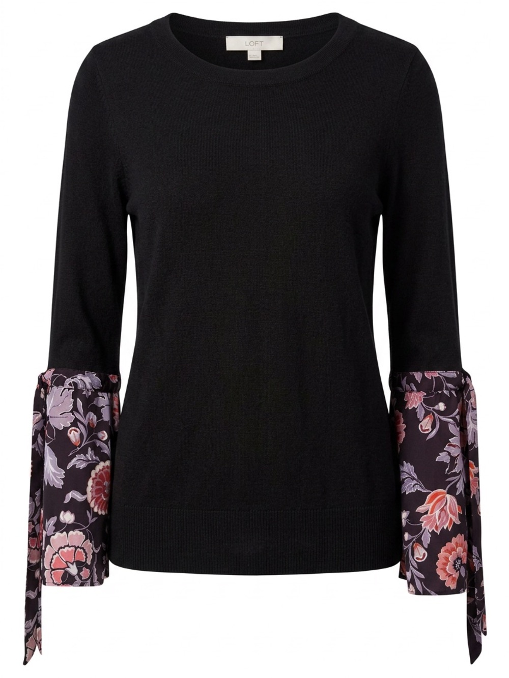 LOFT Black Knit Sweater with Floral Tie Cuffs